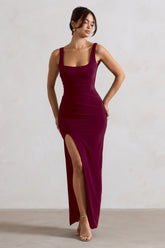 Berry Square Neck Maxi Dress with Plunge Back and Side Thigh Split